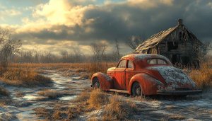 Vintage Red Car Winter Landscape Scene 4K Desktop Wallpaper