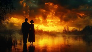 Silhouette Couple Lake Sunset Mobile Wallpaper, Romantic Sky Background
