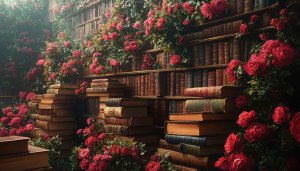 Vintage Bookcase with Roses 4K Desktop Background Wallpaper