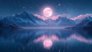 Pink Moon over Mountain Lake HD Mobile Wallpaper Background