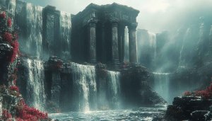 Ancient Temple Waterfall 4K Desktop Background, Nature Scenery Mobile Wallpaper