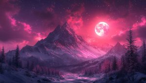 Pink Moon Over Mountain Landscape 4K Desktop Mobile Wallpaper