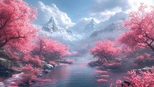 Pink Cherry Blossom Trees and Snow Mountain 4K Mobile Wallpaper
