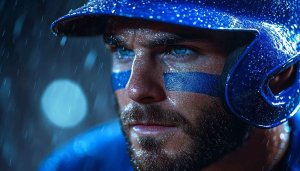 Intense Baseball Player Portrait Under Rain Mobile and Desktop Wallpaper