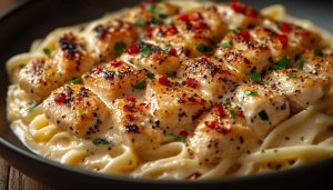 Creamy Chicken Alfredo Pasta 4K Background Desktop & Mobile Wallpaper