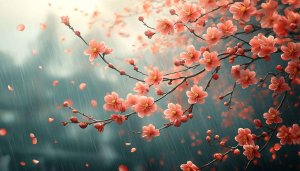 Cherry Blossom in Rain Aesthetic Desktop Wallpaper Free Mobile Background