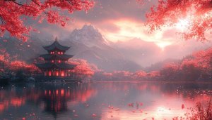 Free Asian Temple 4K Desktop Wallpaper, Pink Cherry Blossom Scenery