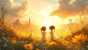 Girls Field Flowers Golden Sunset Landscape 4K Desktop Wallpaper