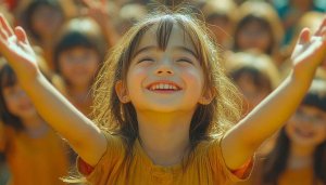 Happy Girl Smiles With Arms Raised Up 4K Desktop Wallpaper