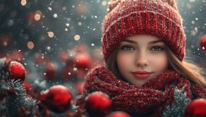 Winter Girl Red Hat Scarf Christmas Snow Mobile Wallpaper 4K