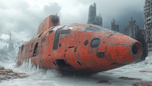 Wrecked Spaceship Apocalypse Cityscape 4K Mobile Phone Wallpaper