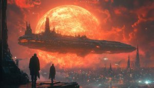 Sci-Fi Spacecraft Wallpaper, Crimson Moon Cityscape, 4K Desktop Background