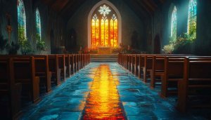 Church Interior 4K Wallpaper, Stained Glass Light Reflection Mobile Background