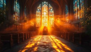 Church Interior 4K Wallpaper, Sunlight Through Stained Glass Windows