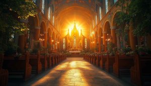 Sunlit Church Interior Wallpaper, Peaceful Religious Desktop Background, Cathedral Architecture