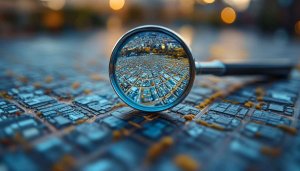 Detailed City Map Under Magnifying Glass 4K Desktop Wallpaper