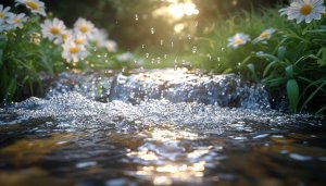 Sunlit Daisy Meadow Waterfall 4K Desktop Wallpaper Free