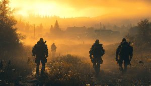 Military Squad Walk Through Foggy Field 4K Desktop Wallpaper