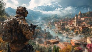 Soldier Sniper Overlooking Destroyed Cityscape 4K Desktop Wallpaper