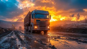 Construction Truck Sunset 4K Desktop Background | Heavy Duty Wallpaper