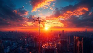 Fiery Sunset Cityscape 4K Desktop Background Construction Crane Wallpaper