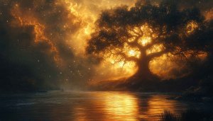 Mystical Golden Tree Lake 4K Desktop Background Mobile Wallpaper