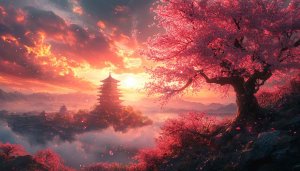 Cherry Blossom Pagoda 4K Desktop Background Pink Sky Wallpaper