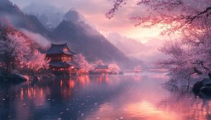 Japanese Temple Cherry Blossom Lake Scenery 4K Desktop Background