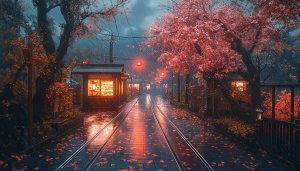 Rainy Cherry Blossom Japan Scenery 4K Mobile Desktop Wallpaper