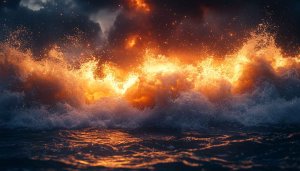 Fiery Waves 4K Desktop Background - Dramatic Ocean Wallpaper