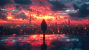 Red Sunset Skyline Girl Silhouette Aesthetic 4K Desktop Wallpaper