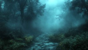Misty Forest Path Desktop Background, Spooky Woods Mobile Wallpaper