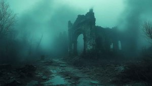 Foggy Ruins Wallpaper: Spooky Gothic Landscape Background for Desktop