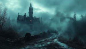 Dark Gothic Castle 4K Wallpaper, Foggy Forest Desktop Background