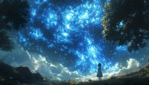 Anime Girl Stargazing Blue Galaxy Sky 4K Desktop Wallpaper