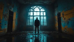 Abandoned Building Figure Silhouette Wallpaper, Moody Desktop Background, 4K Resolution