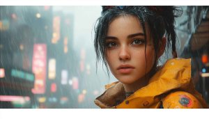 Rainy Cityscape Girl in Yellow Jacket 4K Desktop Wallpaper