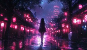 Anime Girl Rainy Night 4K Desktop Wallpaper, Japanese Cityscape Background