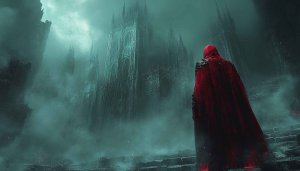 Dark Fantasy Castle Red Cloak 4K Desktop Wallpaper Background