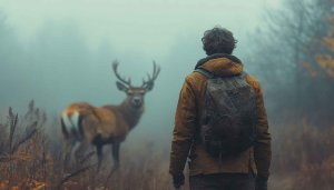 Man Meets Deer in Misty Forest Scenery Mobile Wallpaper