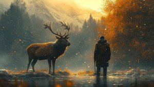 Majestic Deer Encounter Mobile Wallpaper Hunter Standing in Autumn Landscape