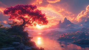 Pink Blossom Tree Sunset Lake Landscape 4K Desktop Background Wallpaper