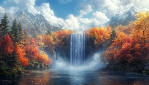 Autumn Waterfall 4K Desktop Wallpaper | Scenic Mountain Landscape Background