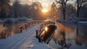 Winter Sunset Lake Bridge Wallpaper 4K Desktop Mobile Backgrounds