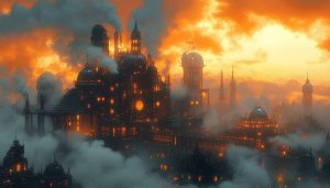 Steampunk Cityscape Wallpaper, Orange Sky Fantasy Mobile Background