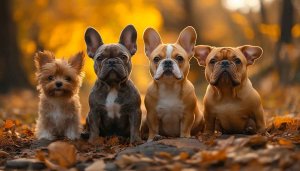 Four Puppies in Autumn Leaves Mobile Background Cute Frenchie
