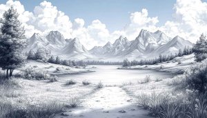 Pencil Sketch Mountain Lake Scenery 4K Desktop Background Wallpaper
