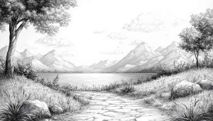 Monochrome Mountain Lake Scenery Illustration Free Desktop Wallpaper Background