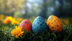 Colorful Easter Eggs in Grass Springtime Mobile Desktop Background