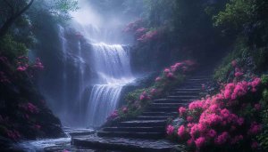 Pink Flowers Waterfall 4K Desktop Background, Scenic Nature Wallpaper